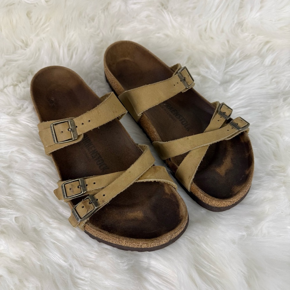 Birkenstock Franca Oiled Leather Tobacco Strappy Slide On Sandals Size 42